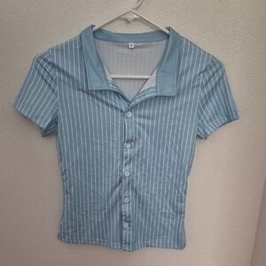 Light Blue Striped Button-Up Women's Top